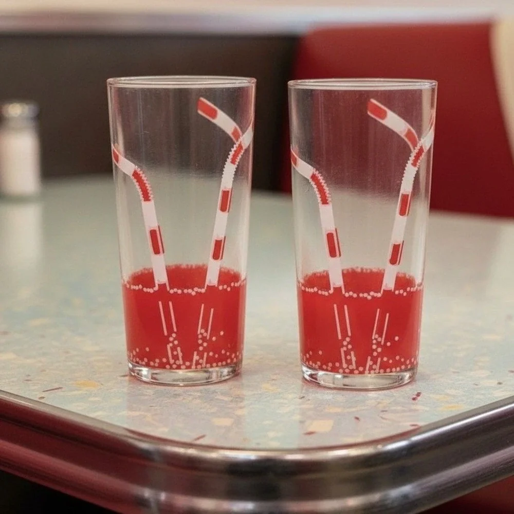 Retro Diner‎ Drinking Glasses, Set of 2, Red Straws Design, Vintage Tumblers